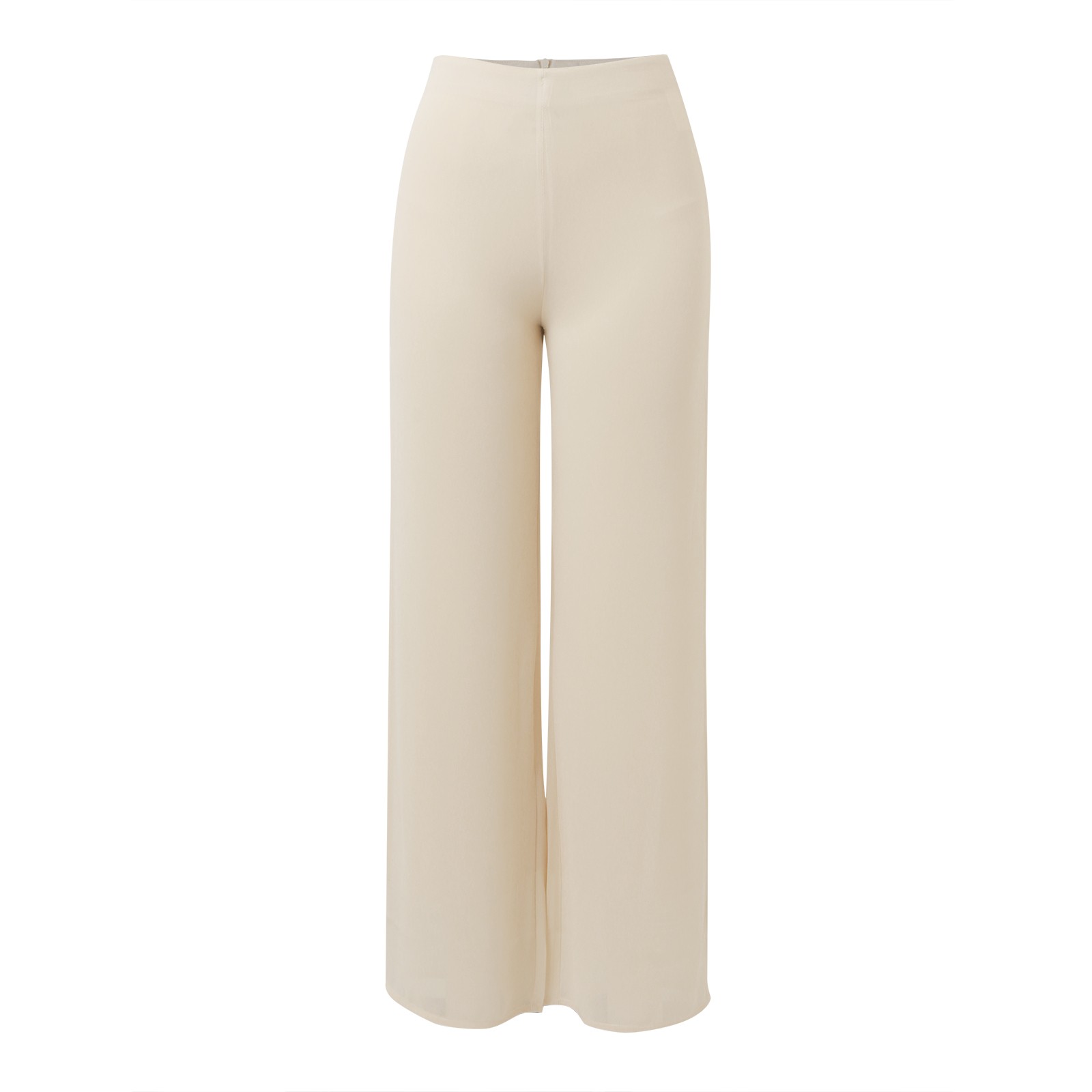 thumbnail image 4 of Pantalones acampanados de gasa de cintura alta para mujer: parte trasera elástica, cremallera lateral, tejido fluido, para bodas y cócteles, 4 of 7